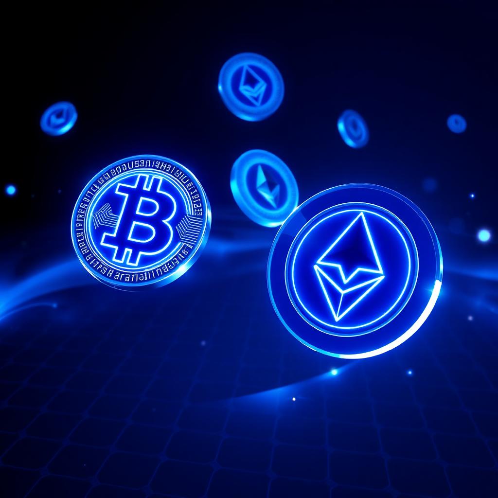 Glanzende Bitcoin en Ethereum munten met blauwe lichteffecten