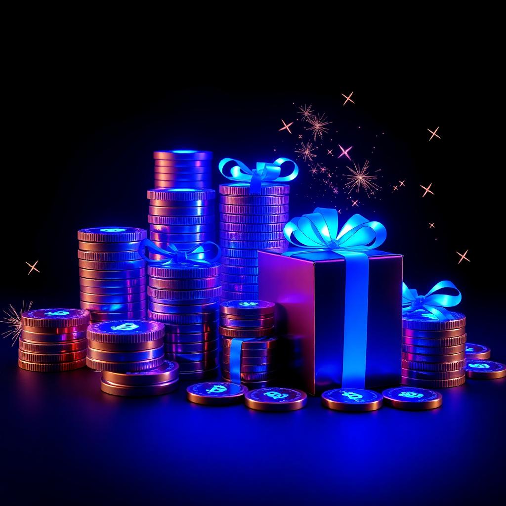 Stapels glanzende crypto-munten en cadeauverpakkingen onder blauwe verlichting