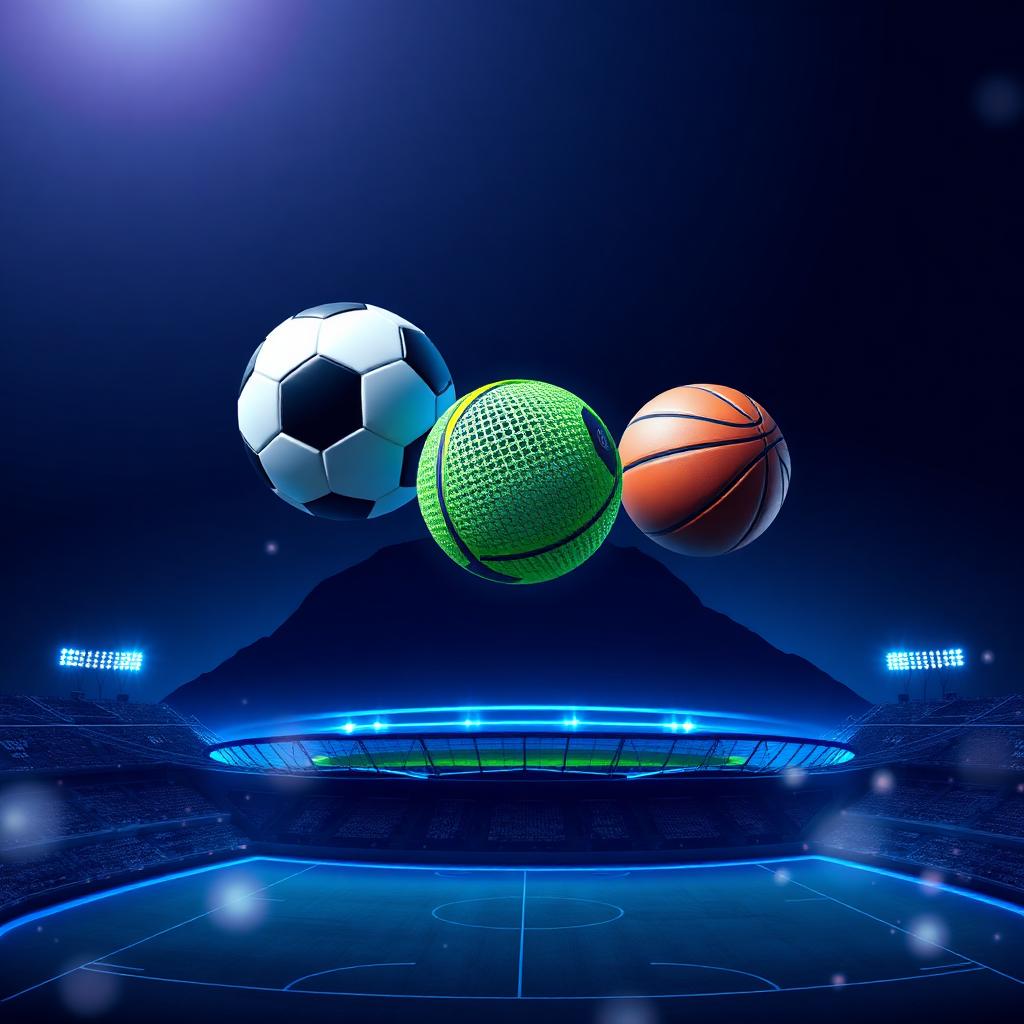 Voetbal, tennis en basketbal boven verlicht stadion